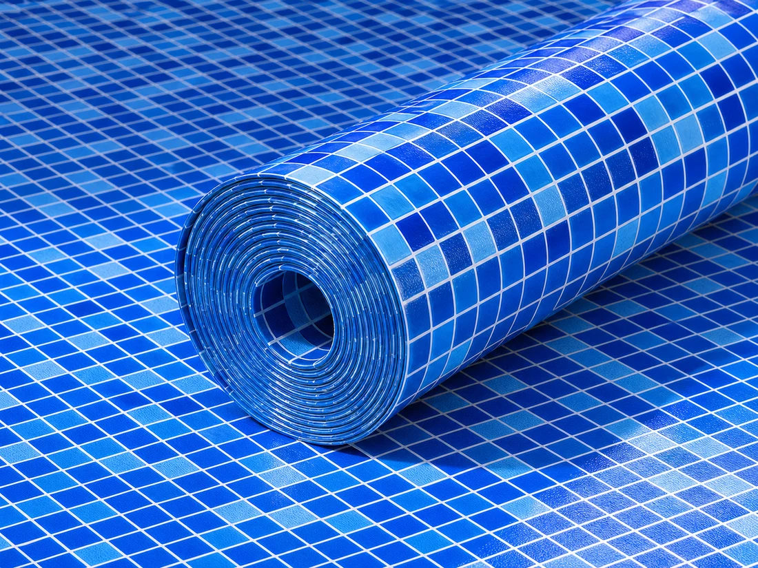 Roll of blue mosaic PVC pool liner material