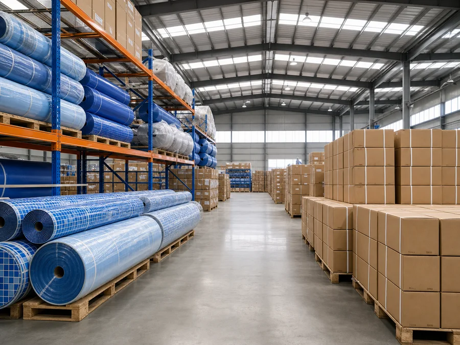 Pool liner rolls and packed goods organized in a warehouse