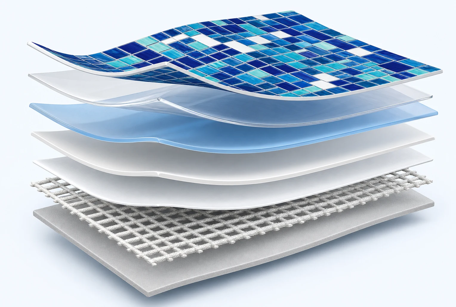 Exploded view of the seven-layer reinforced Avenqua PVC pool liner construction