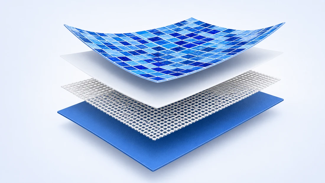 Illustrative layered construction of reinforced PVC pool lining material