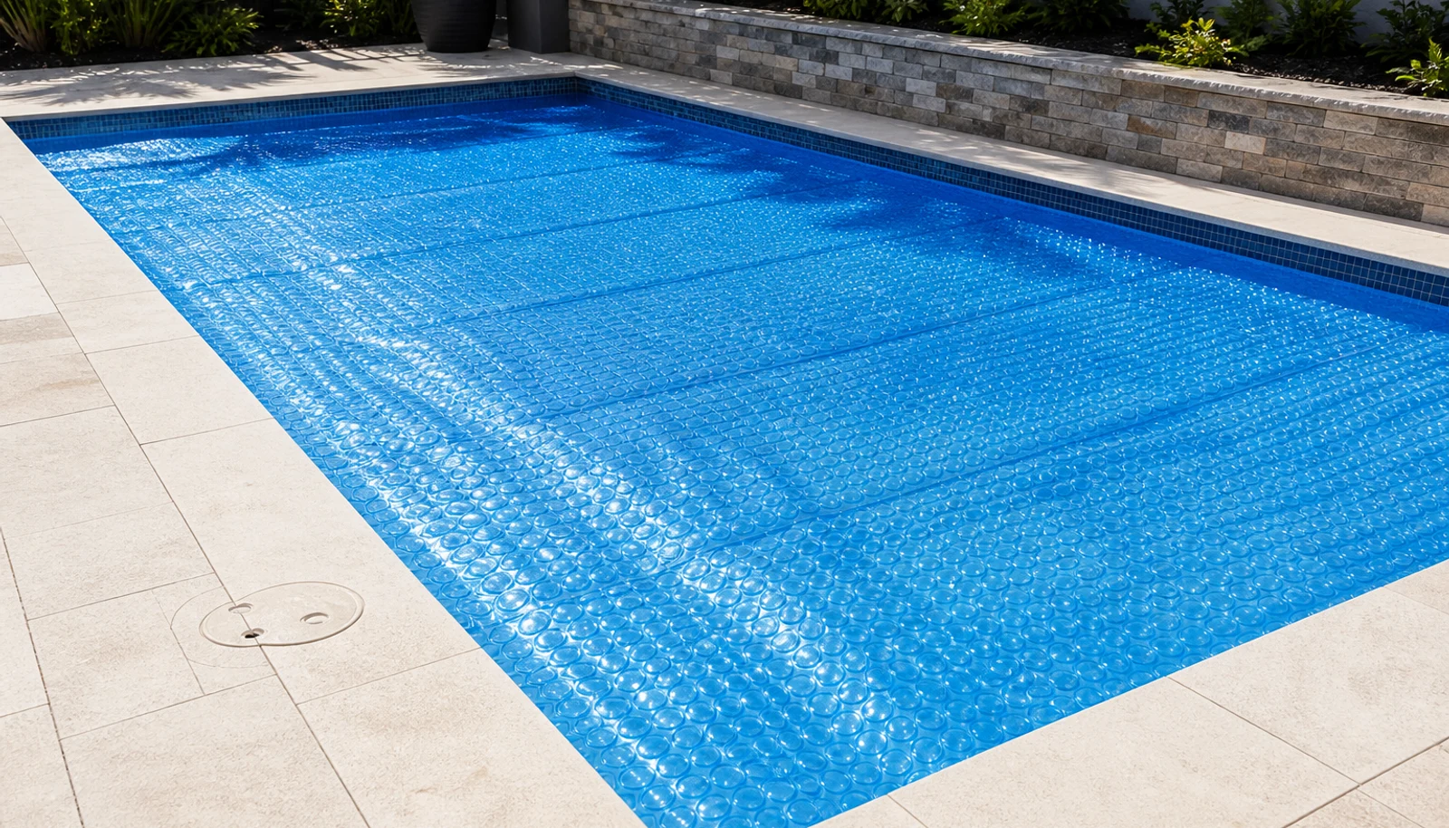 Residential pool with blue solar bubble cover