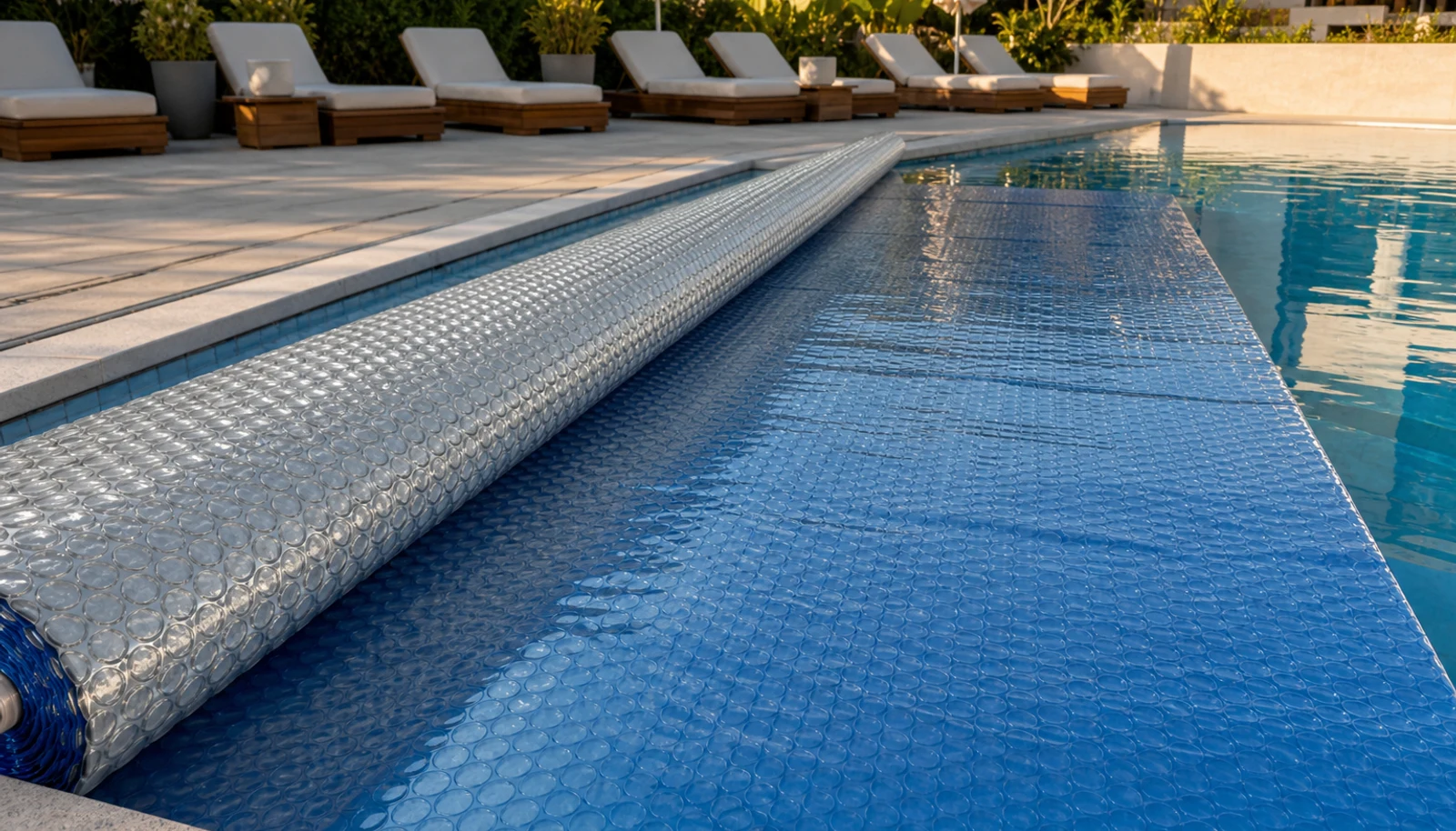 Resort pool with two-color solar bubble cover